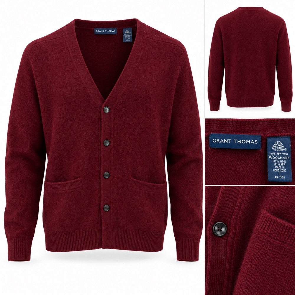 Vintage Grant Thomas Mens Burgundy Pure New Wool Cardigan Sweater V-Neck L